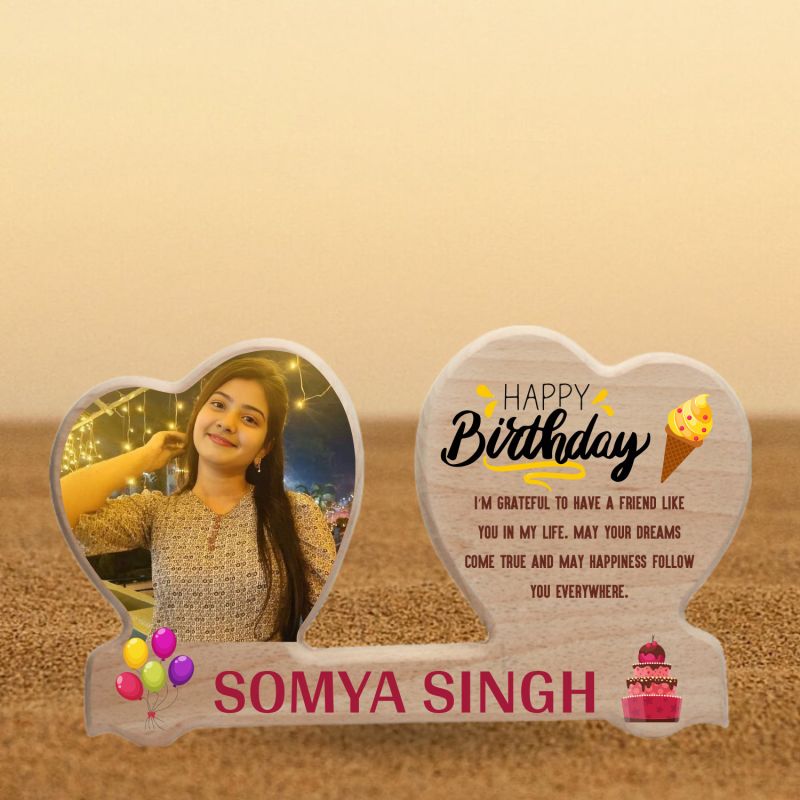 Personalised Wooden Happy Birthday Double Heart Photo Frame  Birthday Quote Wood Frame for Bestie, Sister, or Daughter  Tabletop Birthday Decor & Keepsake